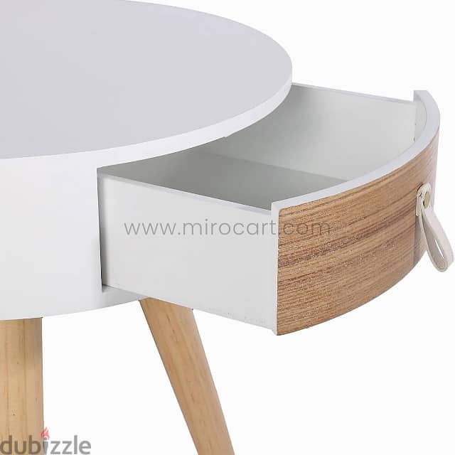 Modern Bedside Table – Round Top, Wooden Legs & Drawer 3