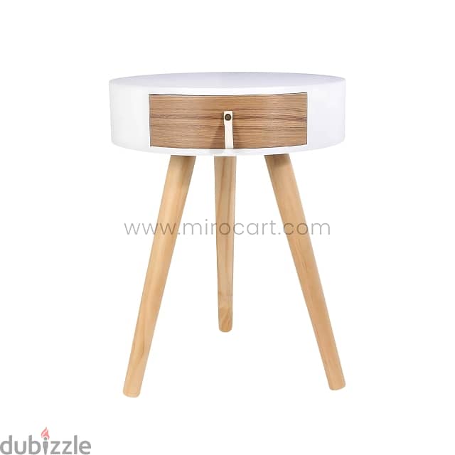 Modern Bedside Table – Round Top, Wooden Legs & Drawer 4