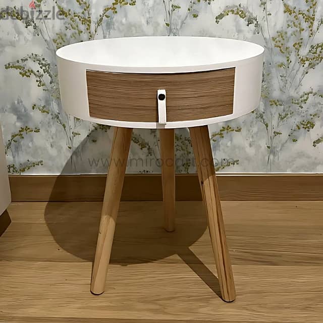 Modern Bedside Table – Round Top, Wooden Legs & Drawer 6