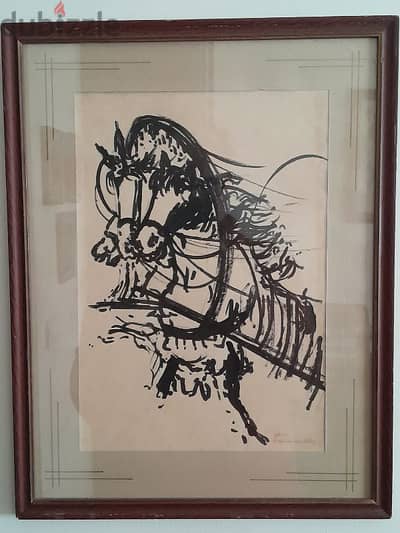 CARRIAGE HORSES signed painting framed 44x34cm