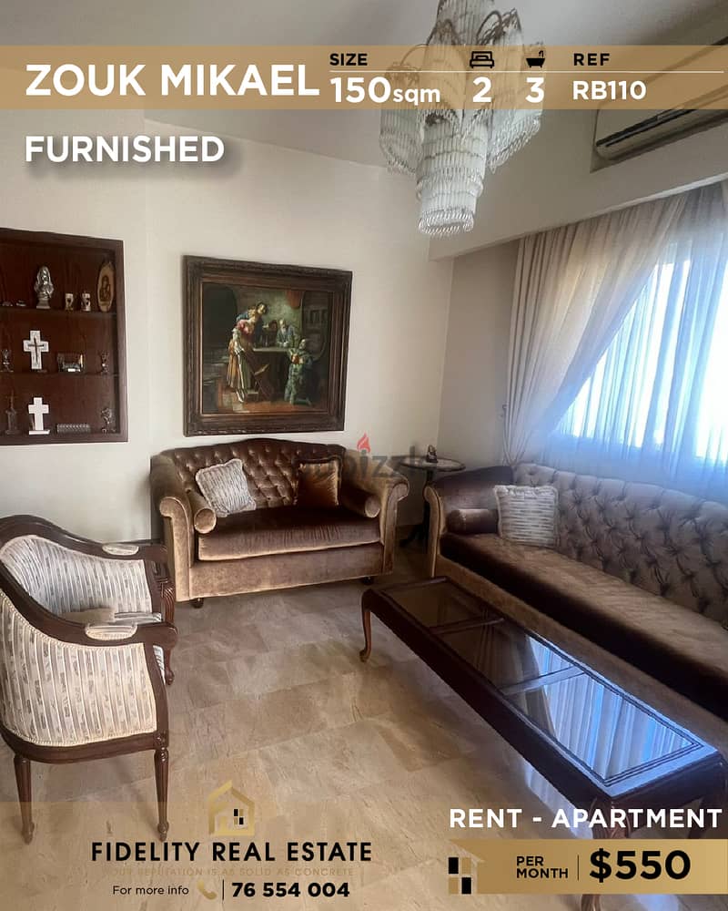 Apartment for rent in Zouk Mikael RB110 0