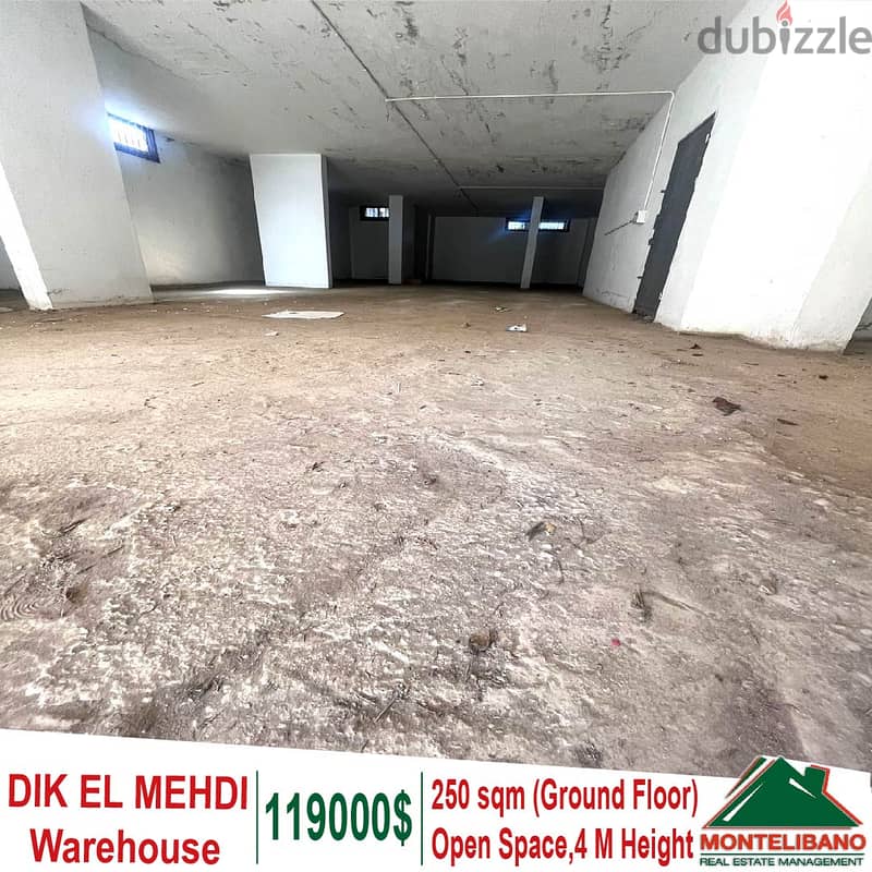 Ground floor 250 sqm Warehouse for sale in Dik El Mehdi 4 M height 0