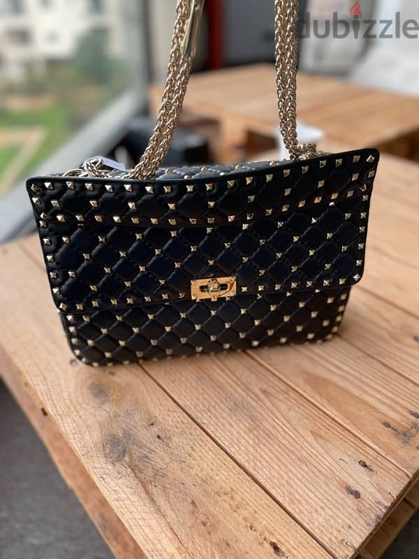 Valentino nappa rockstud spike black and gold bag 0