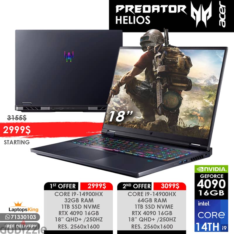 ACER PREDATOR HELIOS  CORE i9-14900HX RTX 4090 QHD+ 250HZ 18" GAMING 0