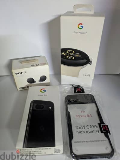 google pixel 8a with google pixel watch 2 and sony earbuds