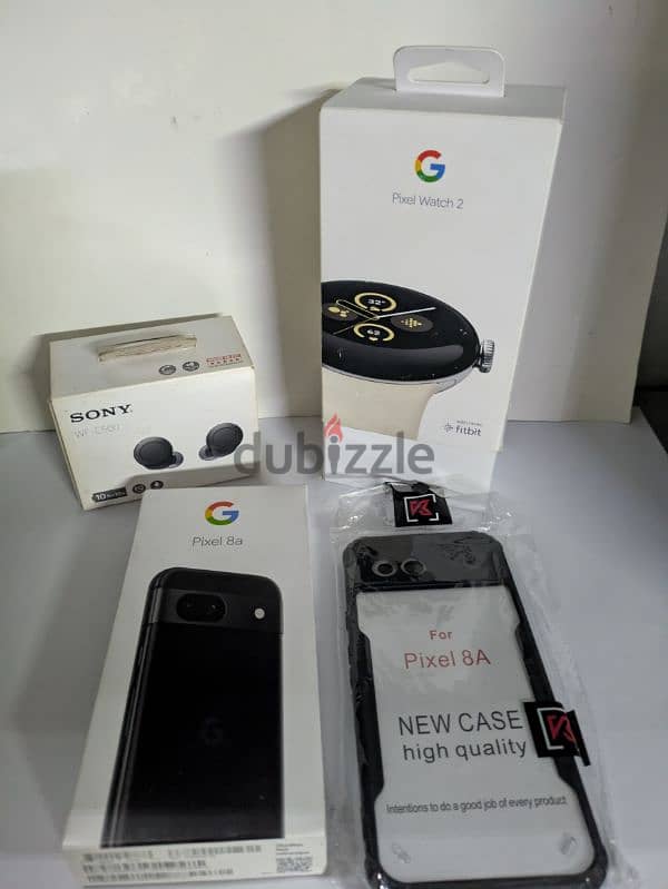 google pixel 8a with google pixel watch 2 and sony earbuds 3