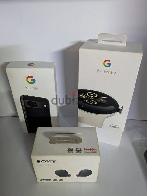 google pixel 8a with google pixel watch 2 and sony earbuds 4