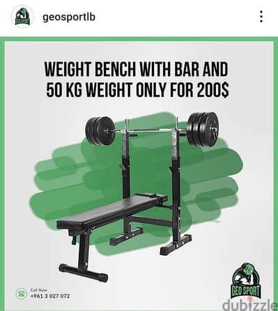 Weight Bench with Bar and 50 Kg weight GEO sport معدات رياضية متنوعة