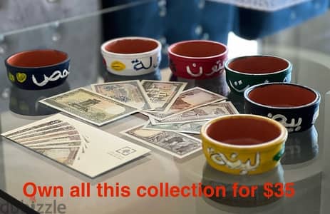 6 Pots Lebanese artisanal handmade + Lebanon  banknote 1 lira to 250