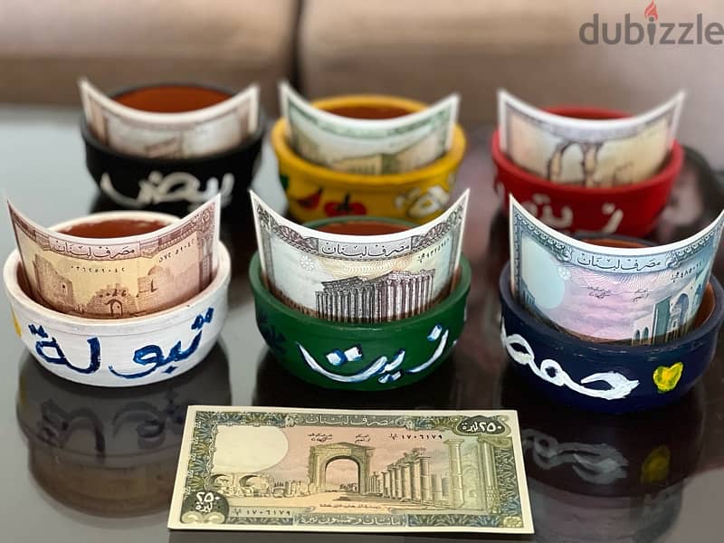 6 Pots Lebanese artisanal handmade + Lebanon  banknote 1 lira to 250 4