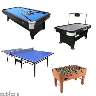 Set featuring billiard, baby foot , air hockey, and ping pong.