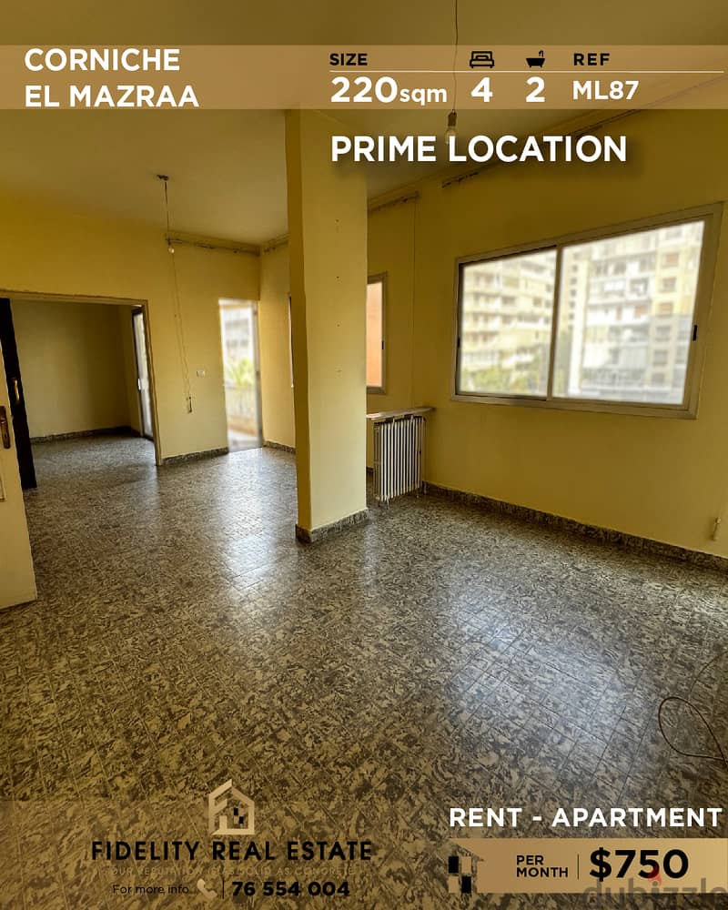 Apartment for rent in Corniche El Mazraa ML87 شقة  للإيجار 0