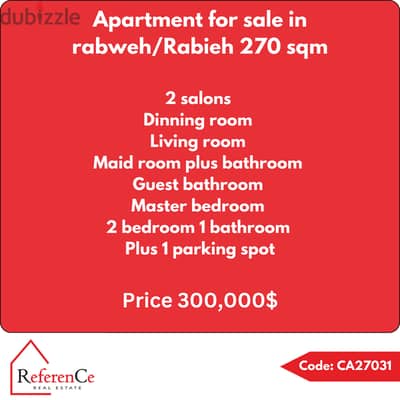 Apartment for sale in rabweh/Rabieh شقة للبيع في الربوة/الرابية