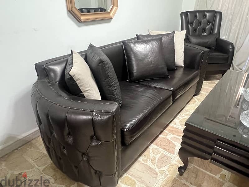 Brown leather Sofa & 2 leather chair 2