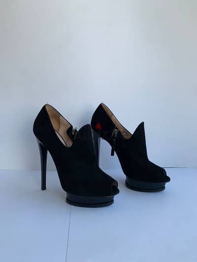 Giorgio Armani black suede open toe high heeled low boots