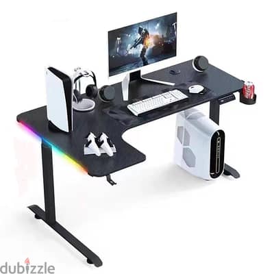 RGB Gaming Desk L-Shaped 160cm with Cup & Headset Holder - Black