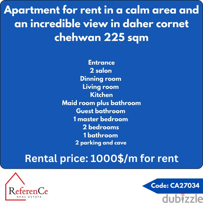 Apartment for rent in Cornet Chehwan شقة للايجار في قرنة شهوان 0