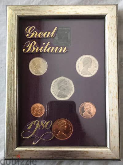 Great Britain uncirculated 7 Coins 1980 in a silver color frame