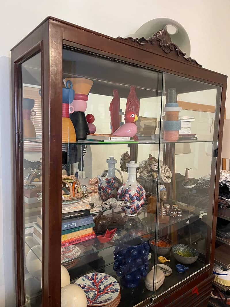 Antique wooden vitrine with mirror and glass 1