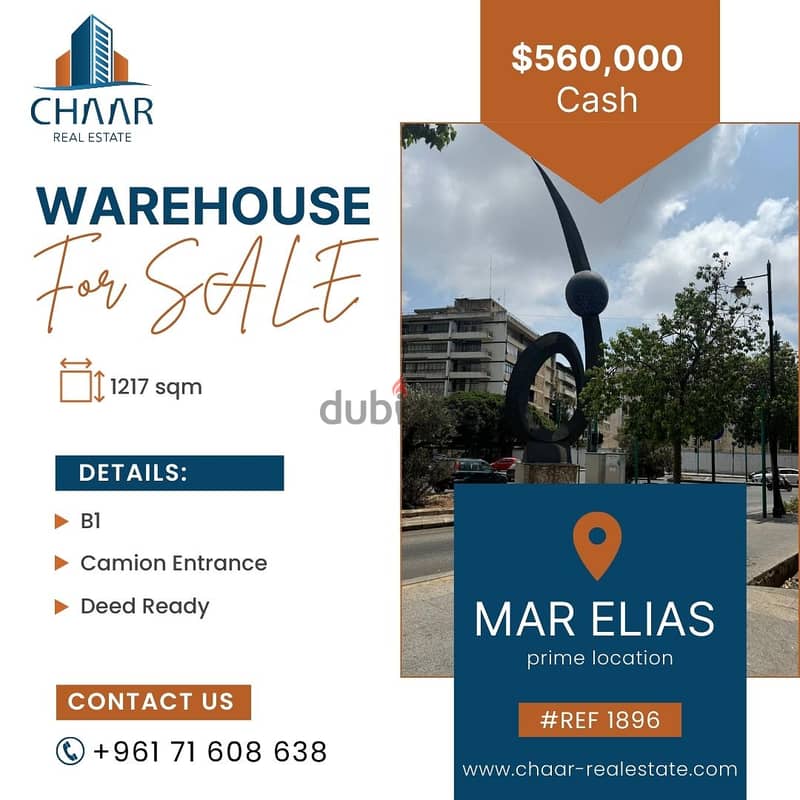 #R1896 - Immense Warehouse for Sale in Mar Elias 0