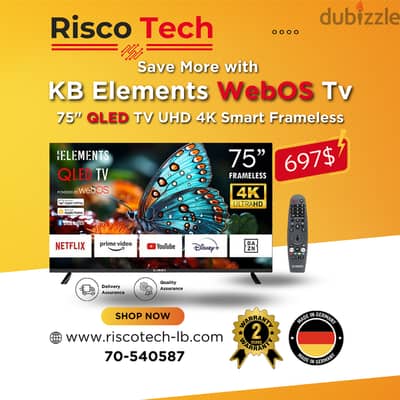 German KB Elements 75″ Inch QLED Led Tv UHD 4K Smart Frameless – webOS