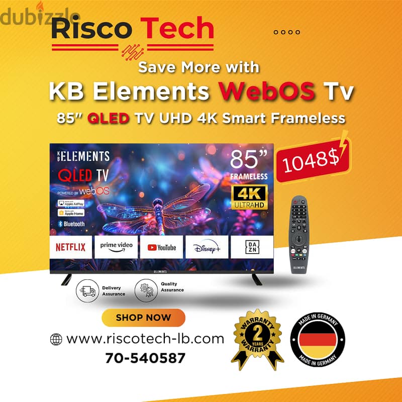 German KB Elements 85″ Inch QLED Led Tv UHD 4K Smart Frameless – webOS 0