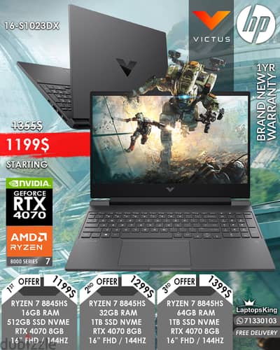 HP VICTUS 16-S1023DX RYZEN 7  RTX 4070 16.1" FHD 144HZ GAMING LAPTOP