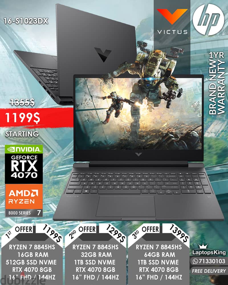 HP VICTUS 16-S1023DX RYZEN 7  RTX 4070 16.1" FHD 144HZ GAMING LAPTOP 0