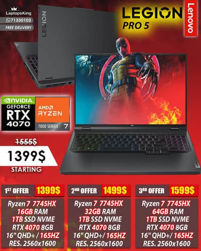 LENOVO LEGION PRO 5 16ARX8 RYZEN 7 7745HX RTX 4070 RES. 2560x1600 165