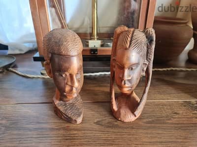 Hand-Carved African Wooden Busts - Vintage Tribal Art Set