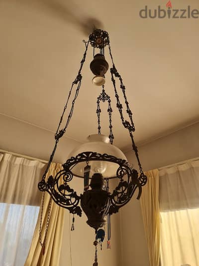 Antique Bronze Hanging 0il Lamp Chandelier with Glass Shade - Working