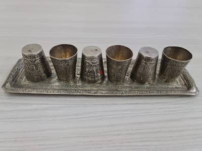 Antique Silver-Plated Engraved Shot Glass Set with Tray