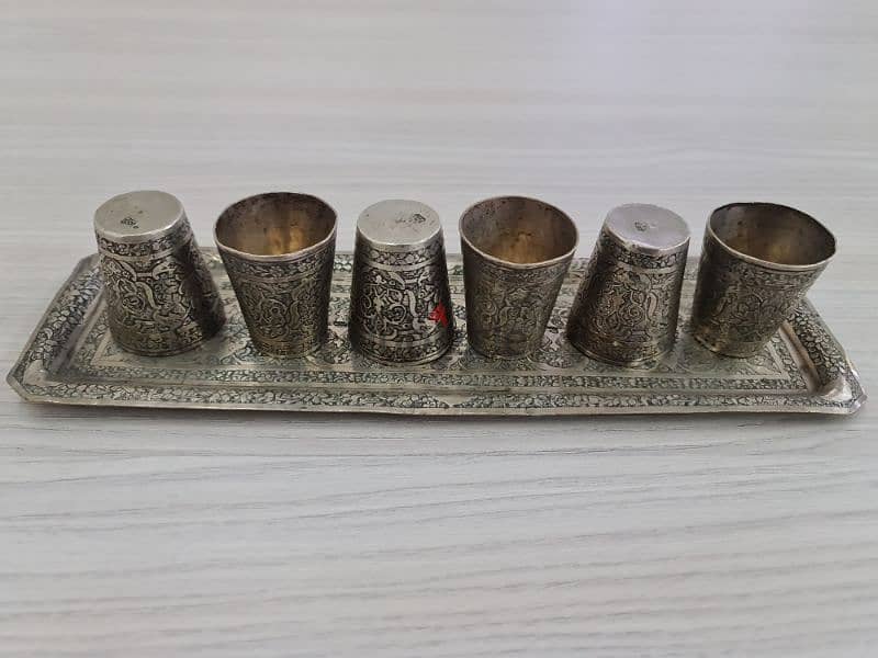 Antique Silver-Plated Engraved Shot Glass Set with Tray 0