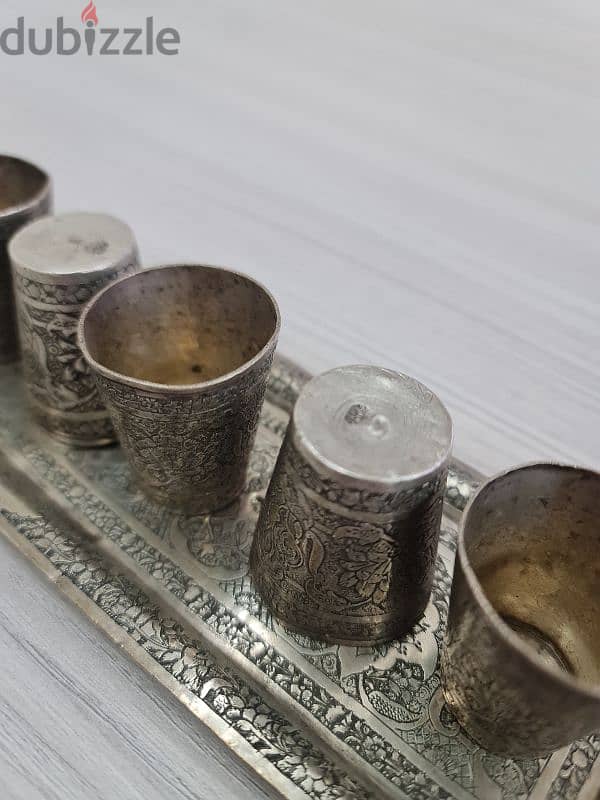 Antique Silver-Plated Engraved Shot Glass Set with Tray 2