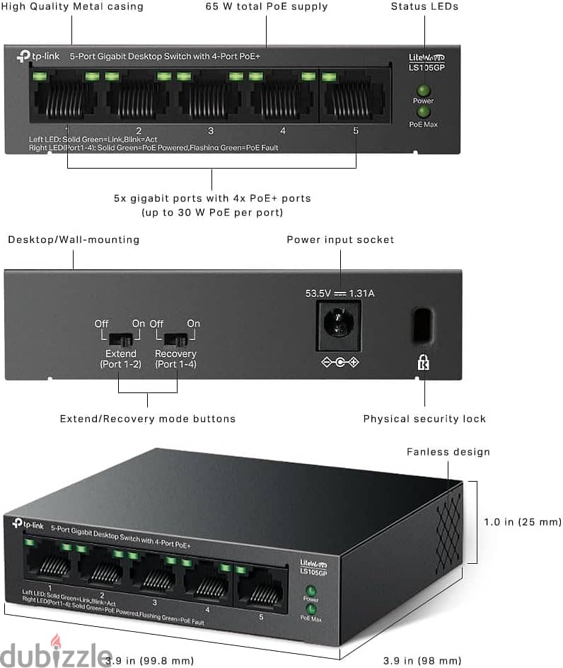 TPLink LS105GP 5-Port Gigabit Desktop Switch with 4-Port PoE+ 1