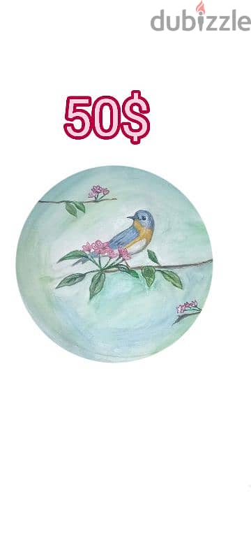 bird drawing . round canvas