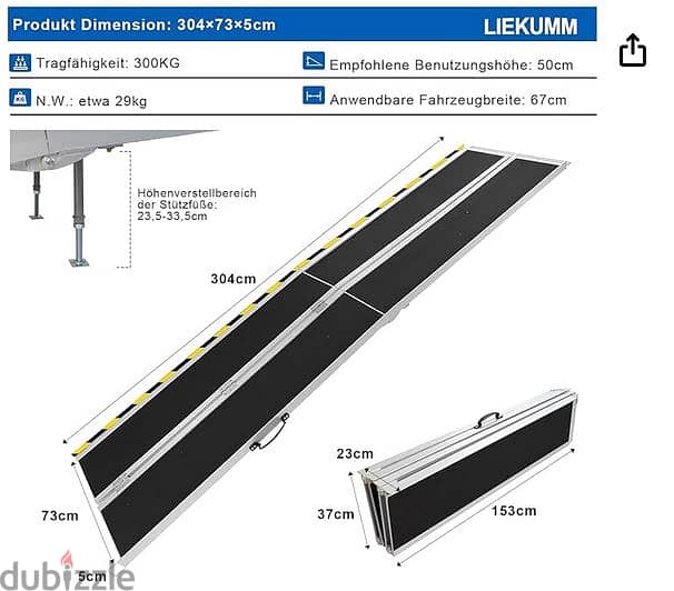 Wheelchair Ramp, 304 x 73 cm, Maximum 300 kg, Non-Slip Aluminium Wheel 0