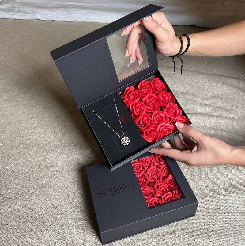 12 Eternal Roses Jewelry Gift Box + Magnetic Four Heart Necklace 0