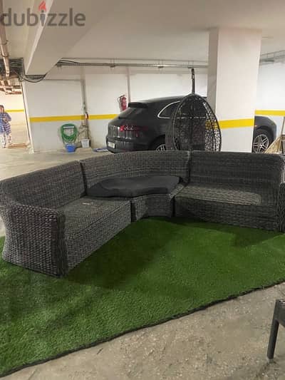 three pieces outdoor sofa with 2 coffee tables and cushions