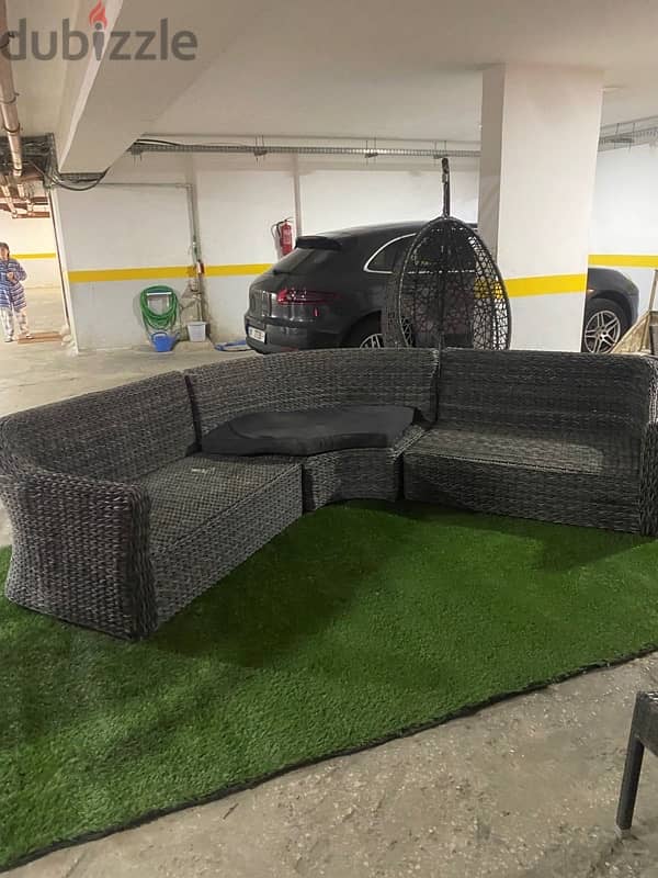 three pieces outdoor sofa with 2 coffee tables and cushions 0