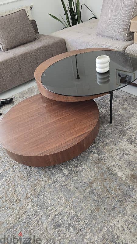 2 pcs coffee table wood and tempered glass 2