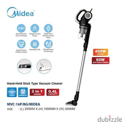 Midea 2 in 1 Handheld Stick Vacuum Cleaner, 450W, Black, 20S