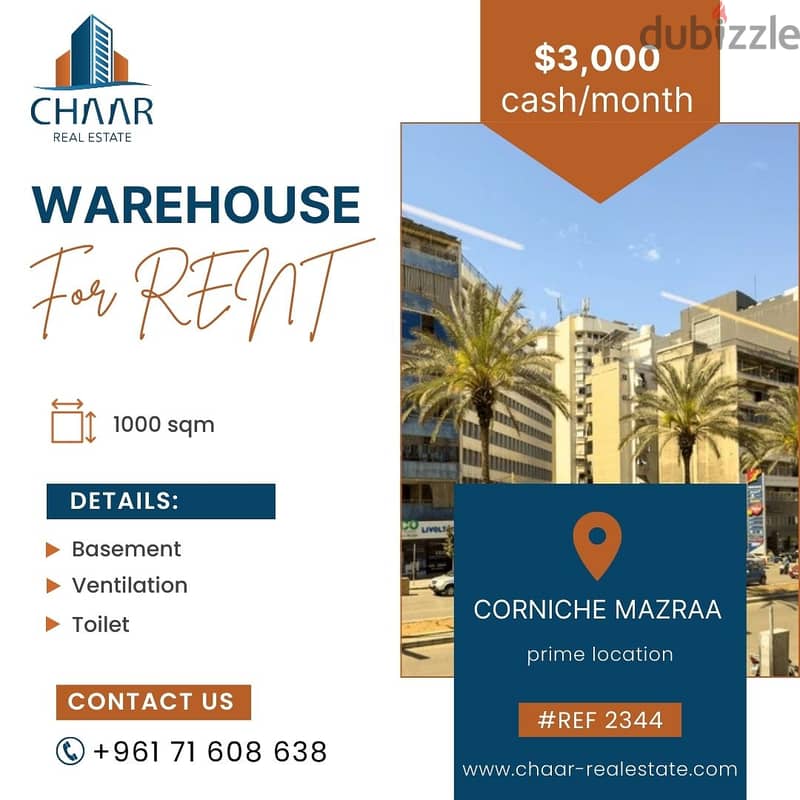 #R2344 - Immense Warehouse for Rent in Corniche Mazraa *Msaytbeh* 0