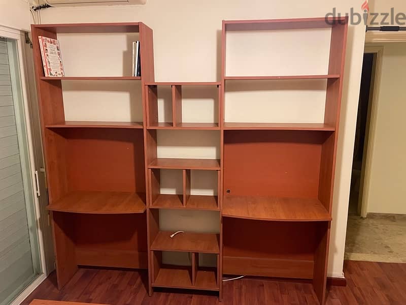 2 single beds+mattresses+bed side+ library shelves 0