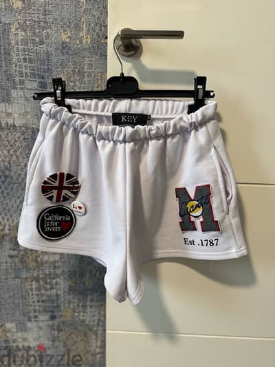 white short, with patches, new, size s