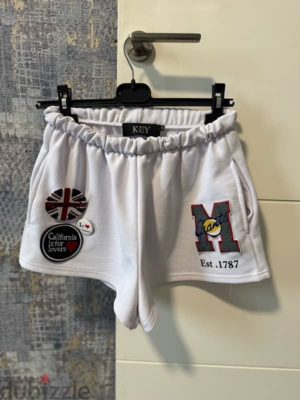 white short, with patches, new, size s 0