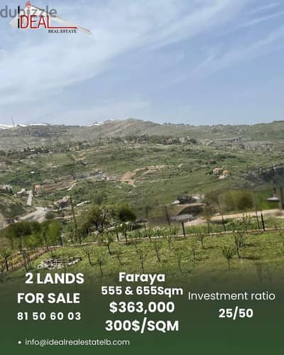 2 Lands 555 and 655SQM for sale in Faraya REF#RM1000