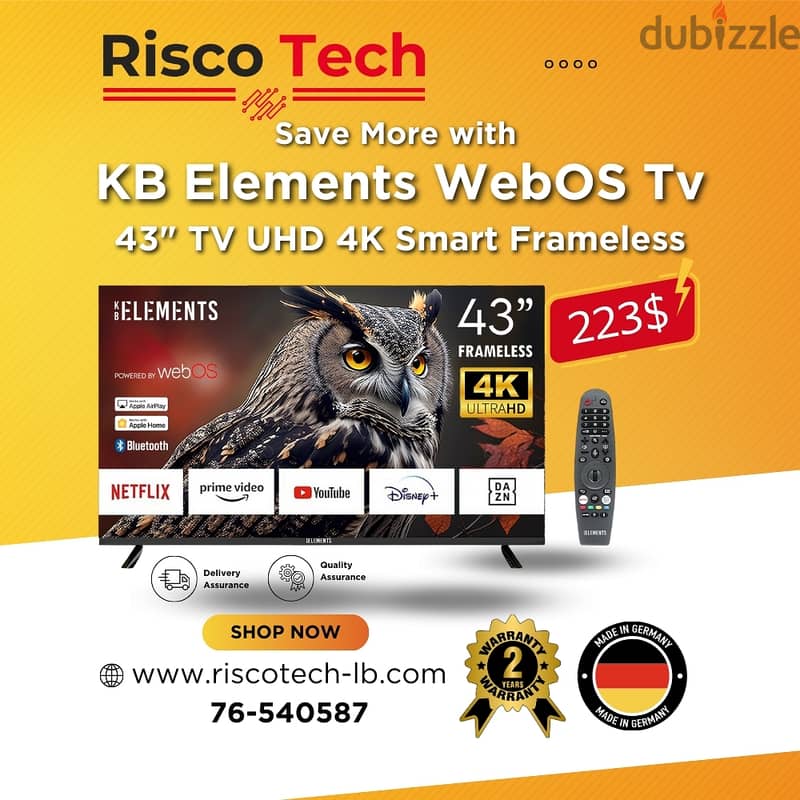 KB Elements 43″ Inch Qled TV UHD 4K Smart | تلفزيون 43 إنش كفالة سنتين 0