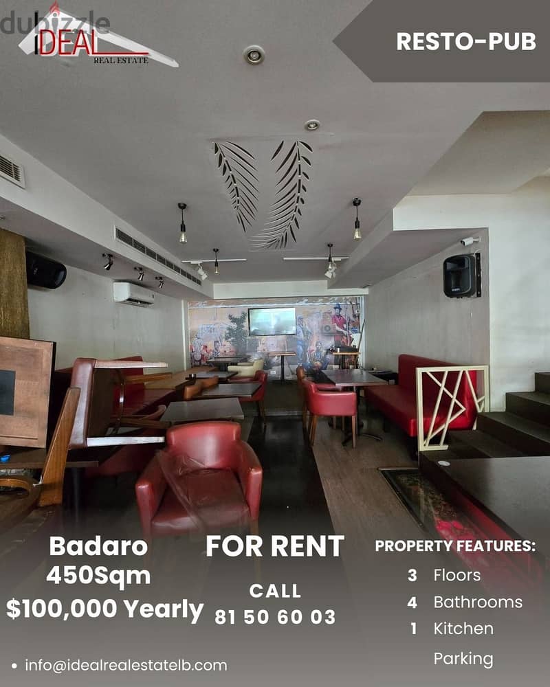 Fully equipped 450sqm resto-pub for rent in Badaro Beirut REF#JPT22180 0