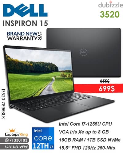 Dell Inspiron 15 3520 Core i7-1255u Iris Xe 120hz 15.6" Laptop